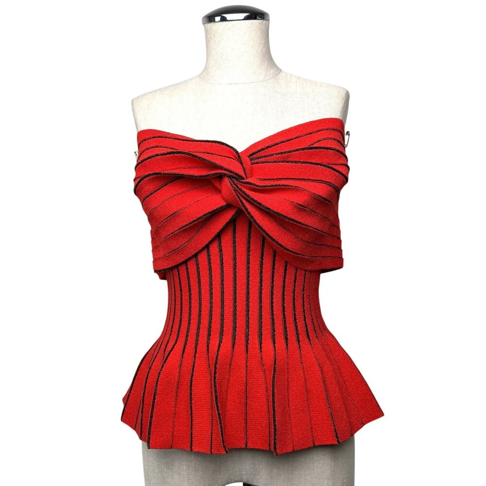 Balmain Paris Strapless Sweater Knit Top Knot Front Red Black Stripe Peplum FR38